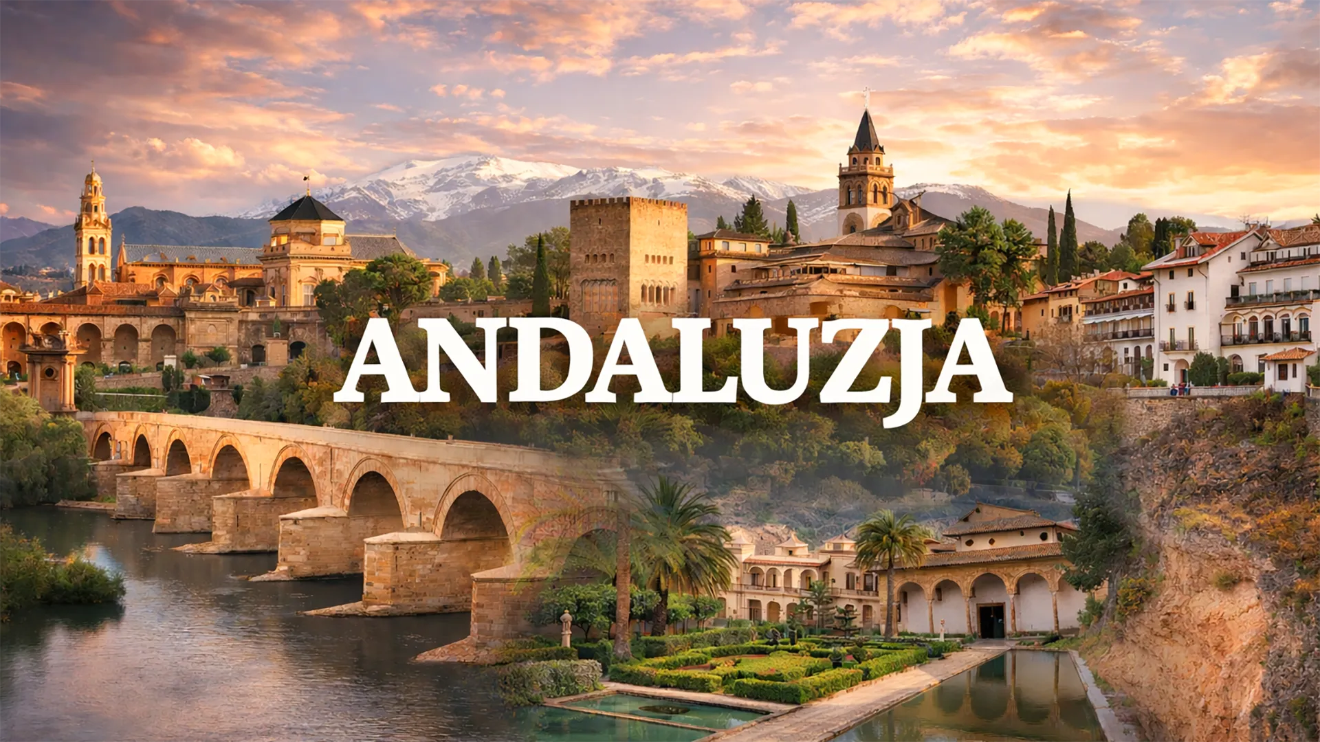 Panorama Andaluzji z Alhambrą, Mezquitą i mostem rzymskim w Kordobie