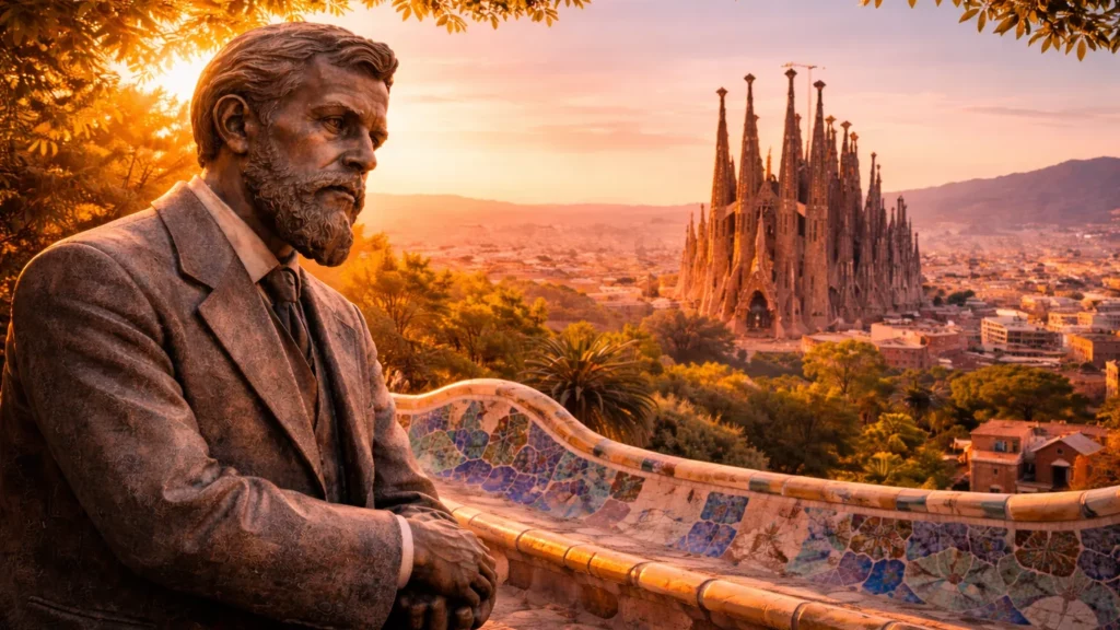 Antoni Gaudí na tle Sagrady Familii w Barcelonie o zachodzie słońca, widok z Parku Güell