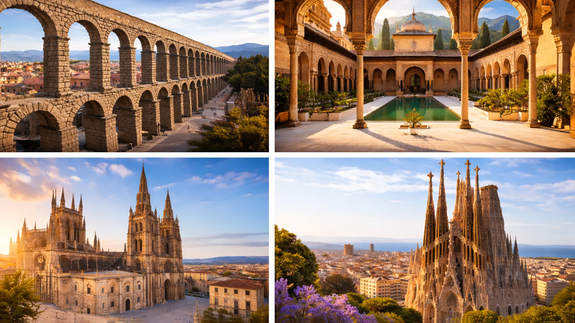 Kolaż architektury Hiszpanii – rzymski akwedukt, meczet w Kordobie, gotycka katedra i modernistyczna Sagrada Familia