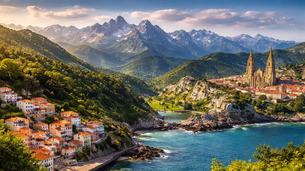 Zielone wybrzeże Asturii i Galicji z klifami nad Atlantykiem w północnej Hiszpani