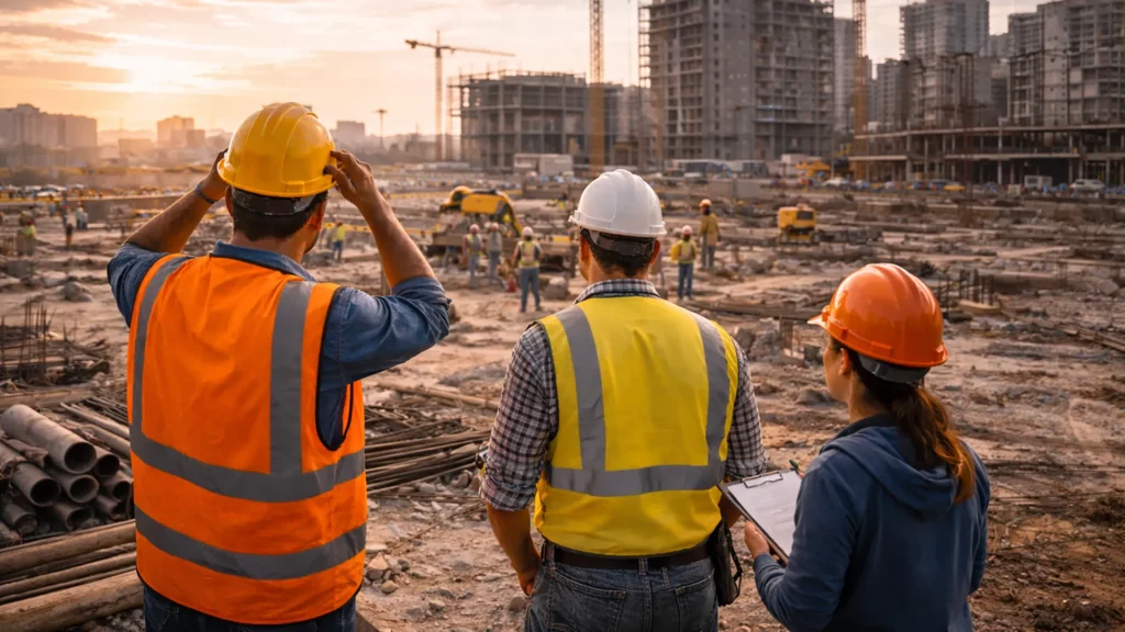 Pracownicy na placu budowy w Hiszpanii podczas zachodu słońca – sektor budowlany a bezrobocie