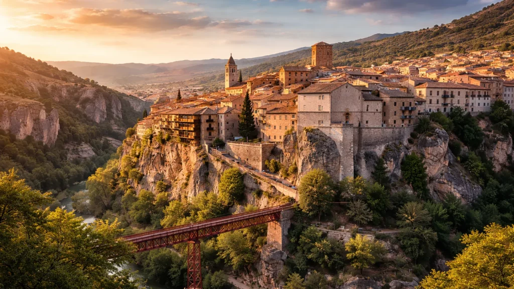 Panorama Cuenca w Hiszpanii z wiszącymi domami Casas Colgadas i mostem San Pablo nad wąwozem rzeki Huécar o zachodzie słońca