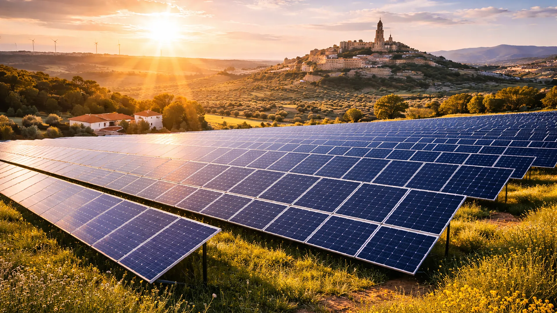 Farma fotowoltaiczna w Hiszpanii o zachodzie słońca z widokiem na wzgórza i miasteczko – rozwój energetyki słonecznej w Europie