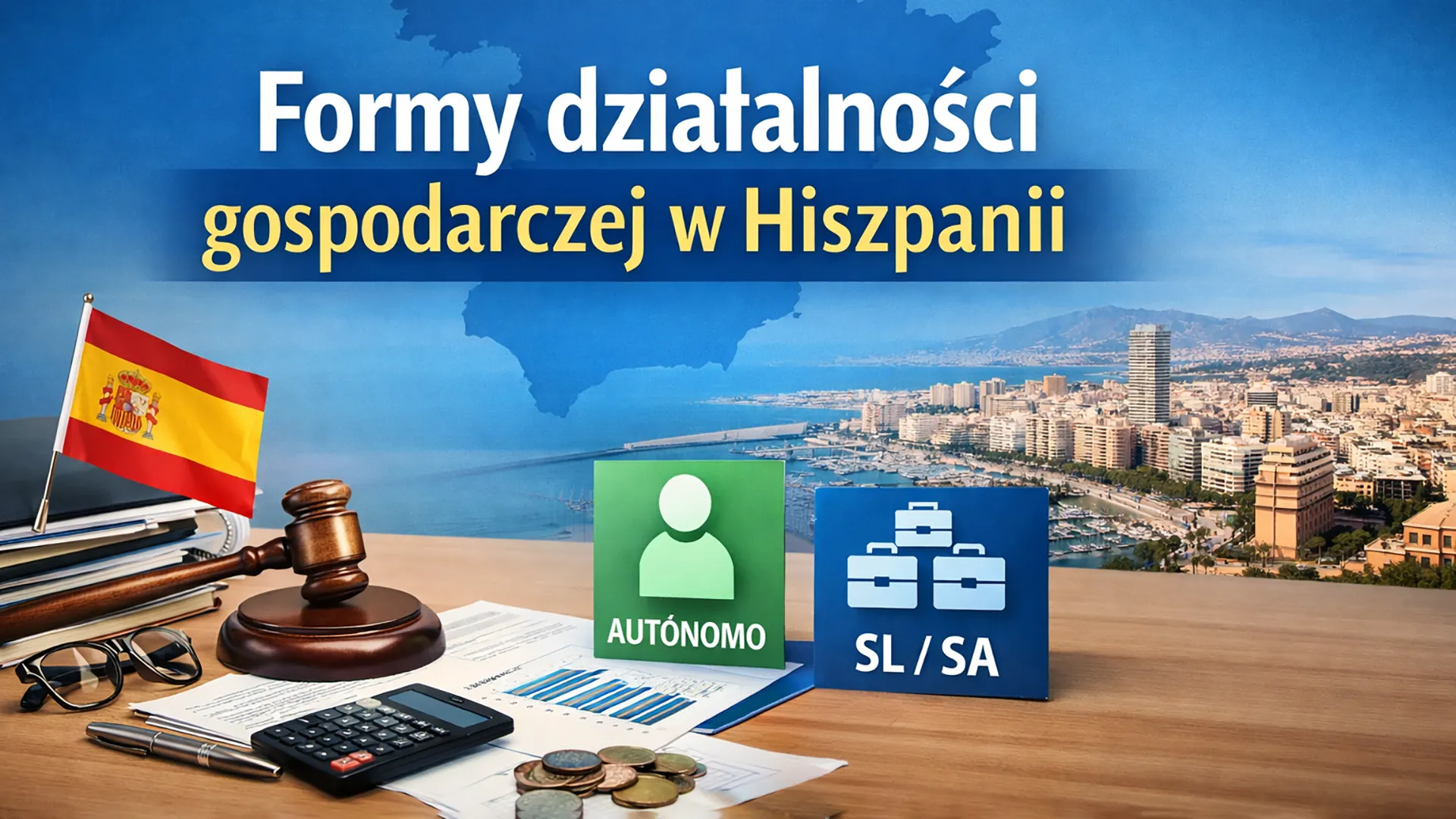 Formy działalności gospodarczej w Hiszpanii – dokumenty firmowe, kalkulator i symbole autónomo oraz SL na tle miasta