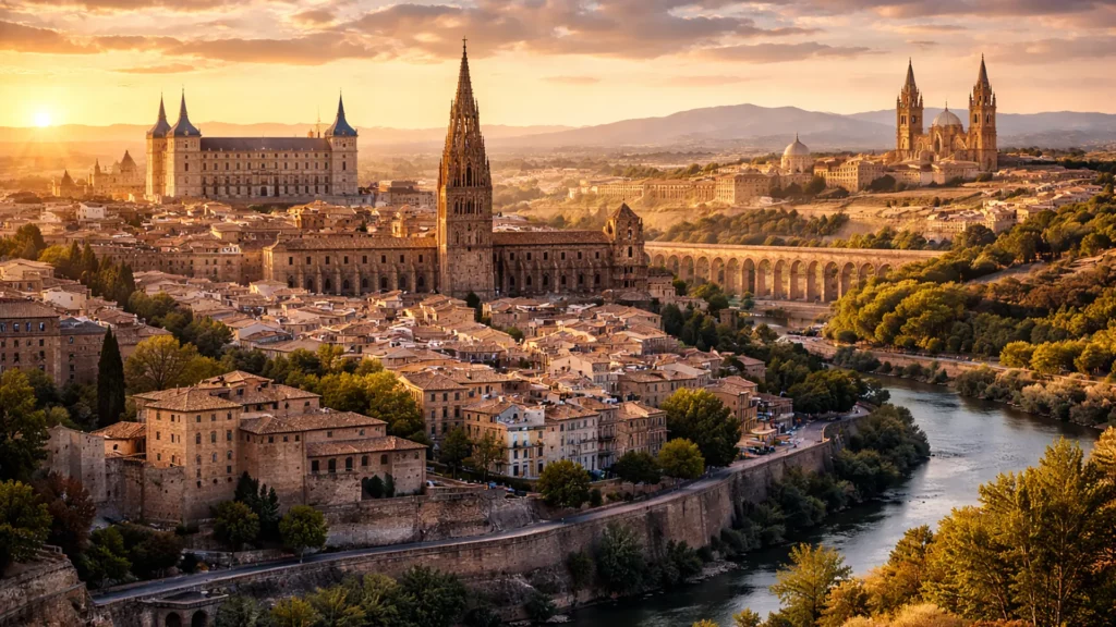 Panorama historycznych miast UNESCO w Hiszpanii o zachodzie słońca