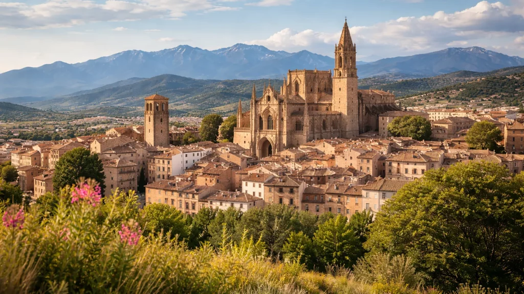 Huesca w Aragonii – panorama miasta z katedrą na tle Pirenejów