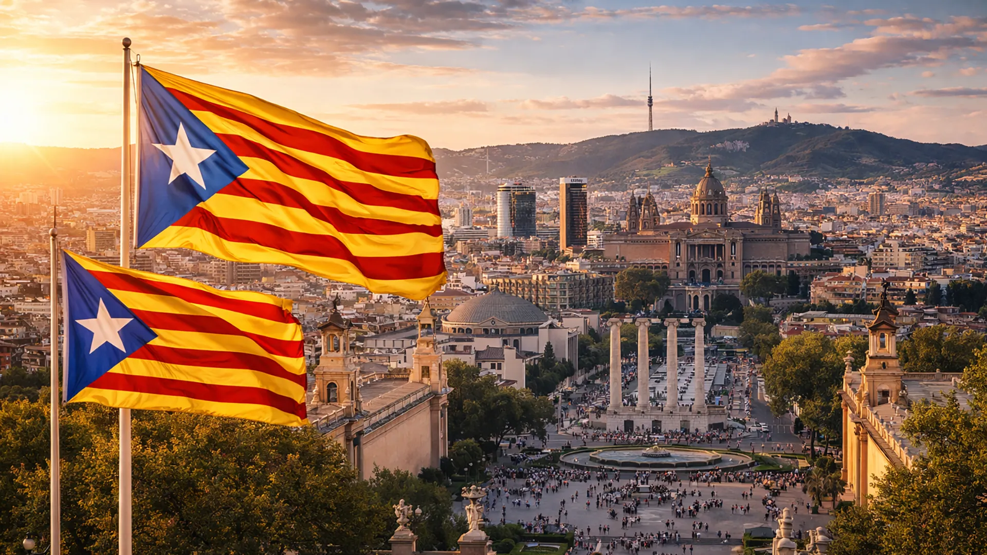 Barcelona o zachodzie słońca z flagami katalońskimi na tle panoramy miasta i wzgórza Montjuïc