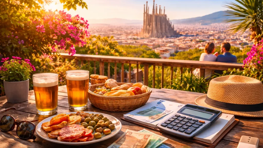 Koszty życia w Hiszpanii w 2026 roku – tapas, euro i panorama Barcelony z widokiem na Sagrada Familia