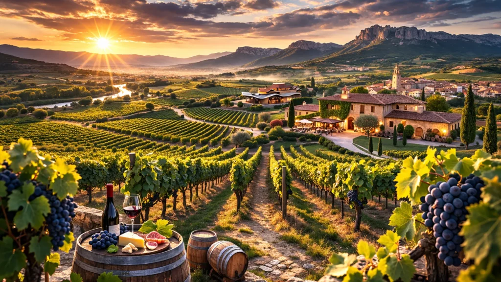 Winnice La Rioja o zachodzie słońca z widokiem na bodegę i dolinę rzeki Ebro