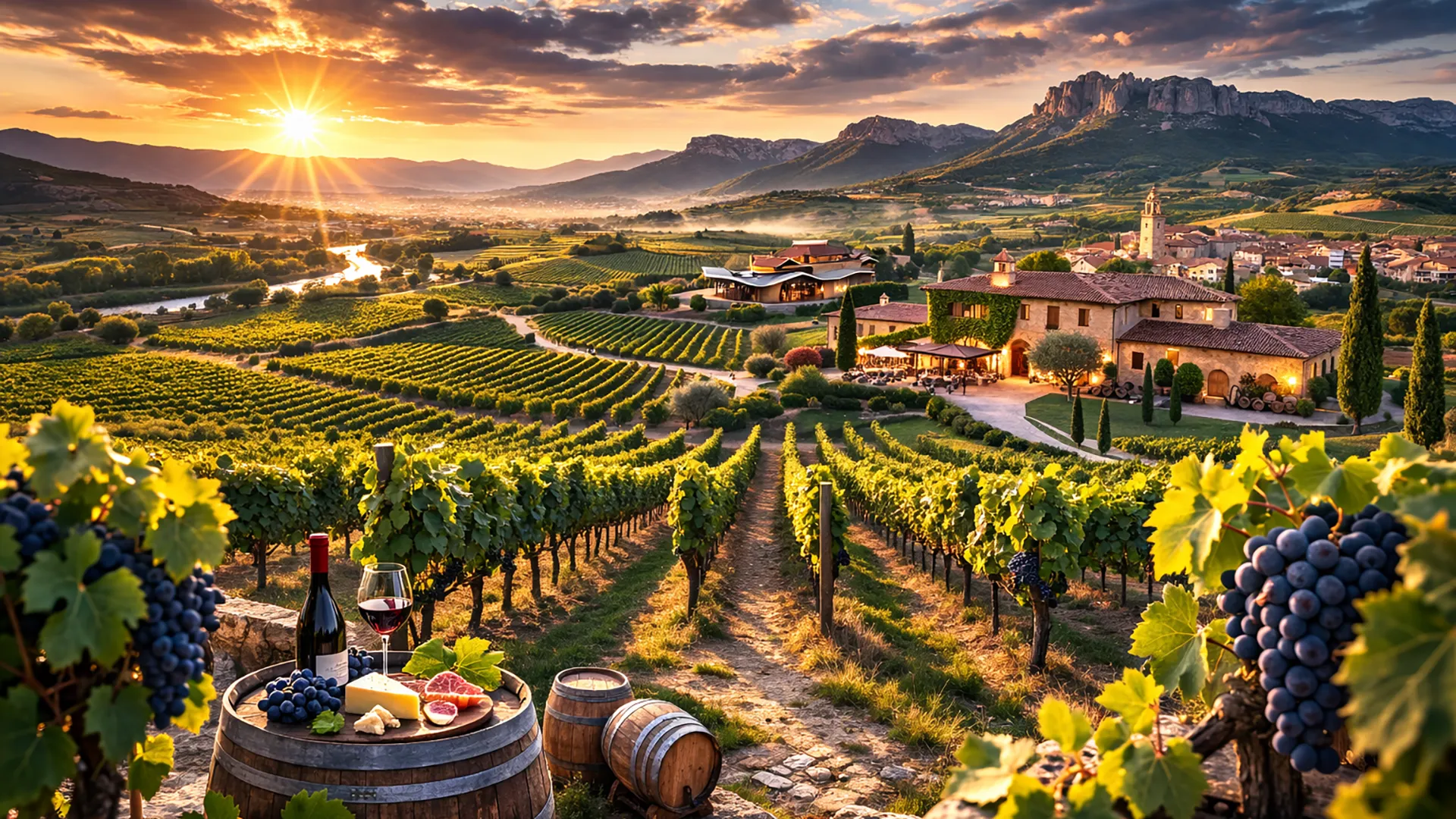 Winnice La Rioja o zachodzie słońca z widokiem na bodegę i dolinę rzeki Ebro