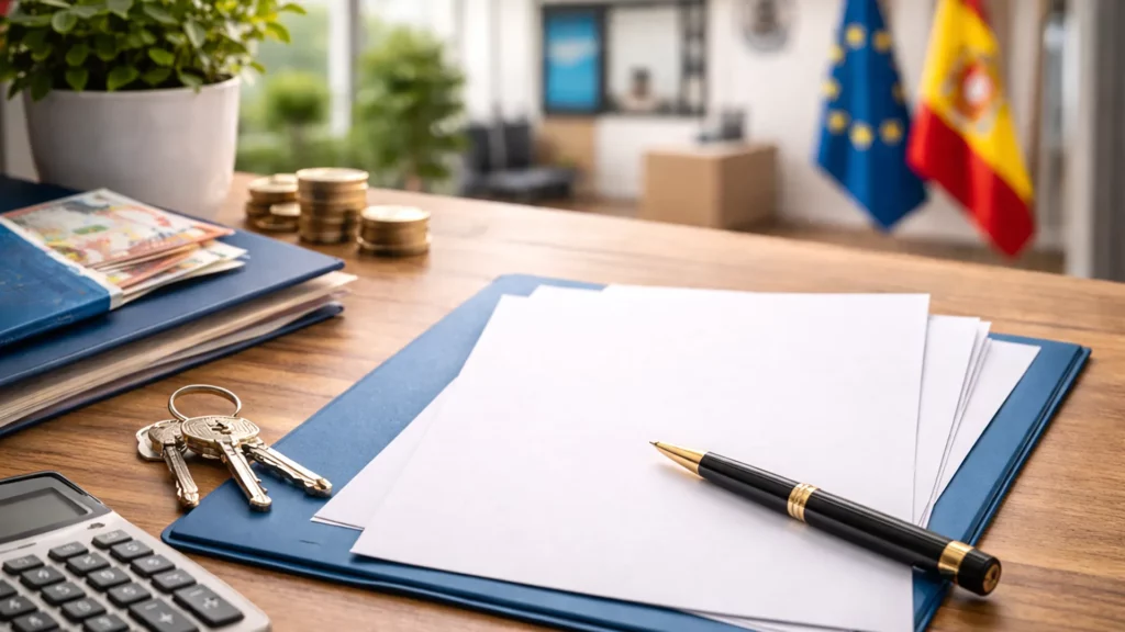 Biurko w hiszpańskim urzędzie z formularzami bez nadruku, długopisem, kalkulatorem i kluczami – symbol uzyskania numeru NIE