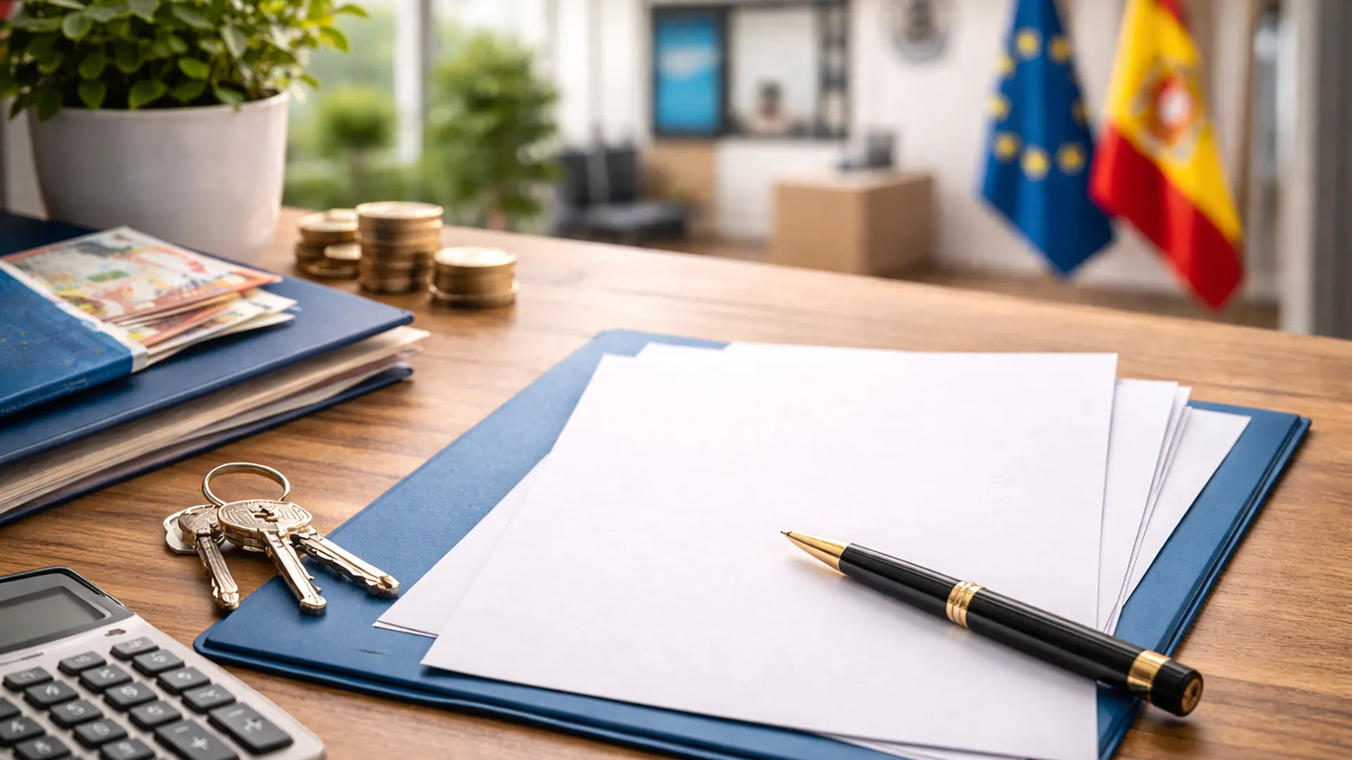 Biurko w hiszpańskim urzędzie z formularzami bez nadruku, długopisem, kalkulatorem i kluczami – symbol uzyskania numeru NIE