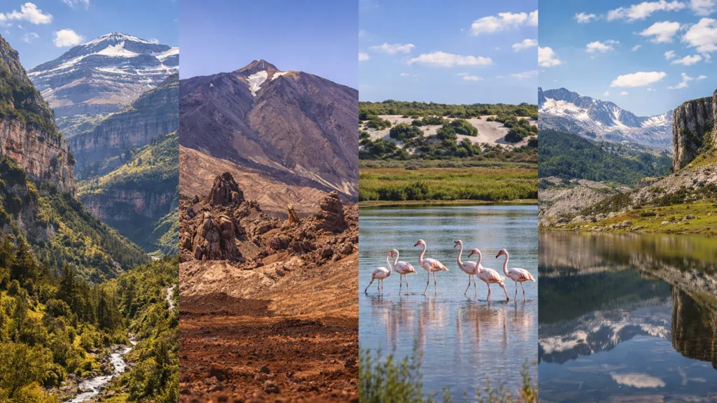 Panorama przedstawiająca krajobrazy parków narodowych Hiszpanii – góry Pirenejów, wulkan Teide, mokradła Doñany i alpejskie jeziora Picos de Europa