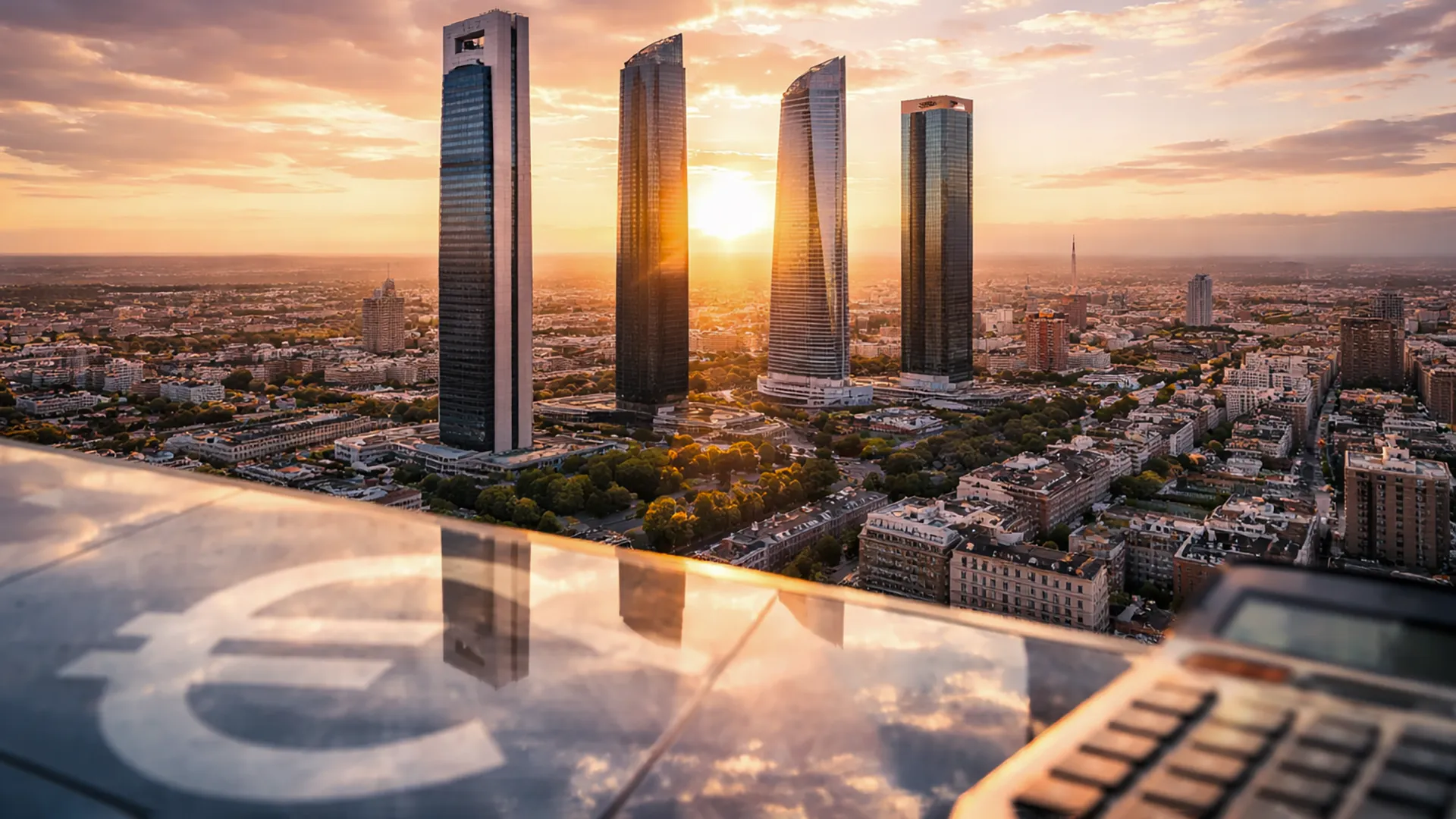 Panoramiczny widok finansowego Madrytu o zachodzie słońca z nowoczesnymi wieżowcami – symbol systemu podatku dochodowego w Hiszpanii