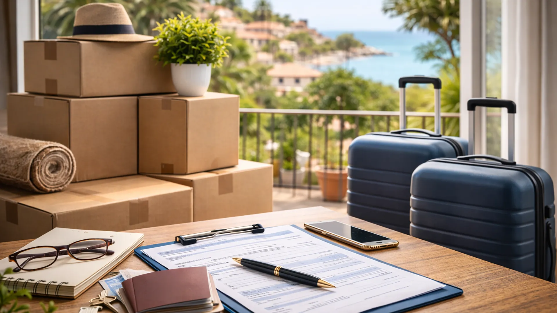 Kartony, walizki i dokumenty na balkonie z widokiem na śródziemnomorskie miasto – przeprowadzka do Hiszpanii i formalności relokacyjne