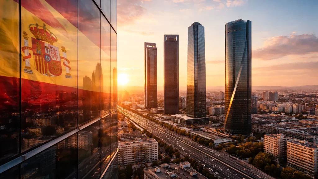 Dzielnica finansowa Madrytu o zachodzie słońca z wieżowcami i odbiciem flagi Hiszpanii – symbol rezydencji podatkowej i gospodarki