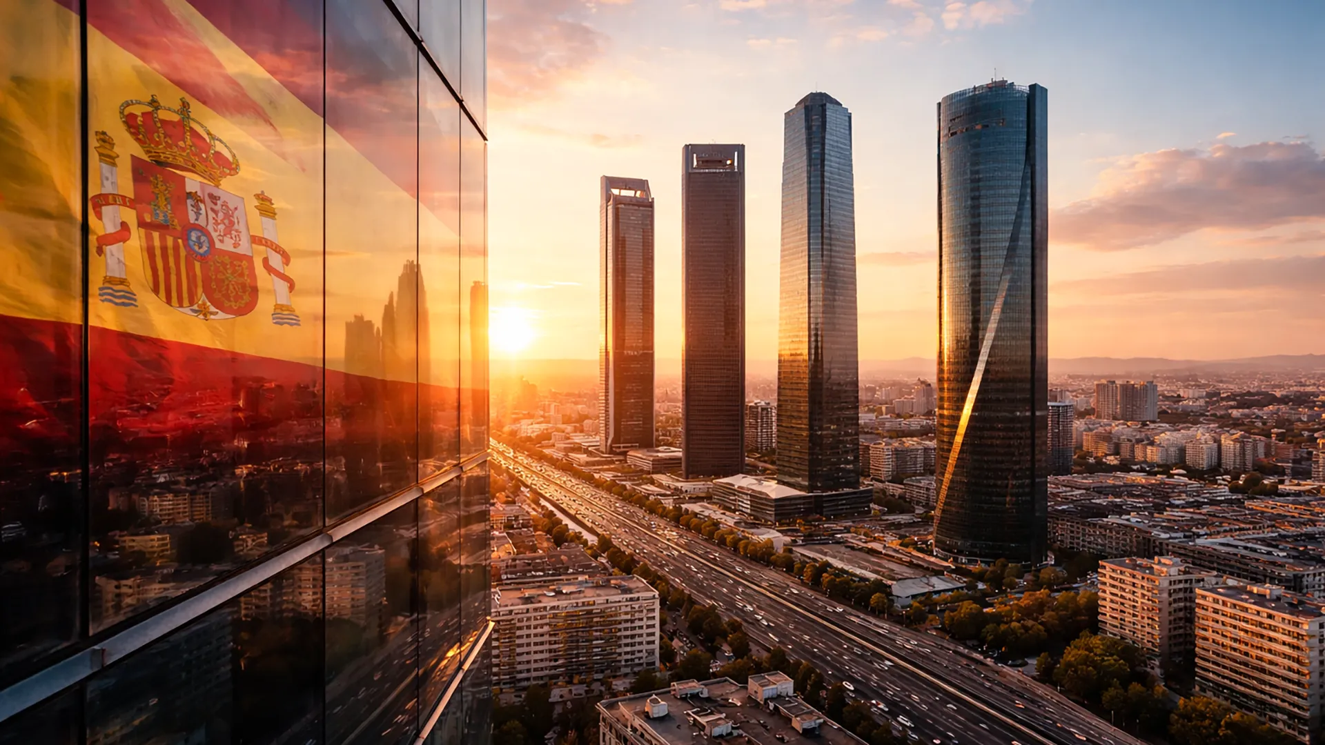 Dzielnica finansowa Madrytu o zachodzie słońca z wieżowcami i odbiciem flagi Hiszpanii – symbol rezydencji podatkowej i gospodarki