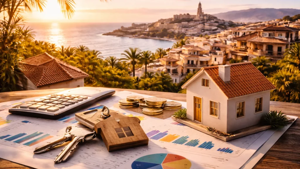 Klucze i model domu na stole z dokumentami finansowymi, w tle panorama nadmorskiego miasta w Hiszpanii o zachodzie słońca