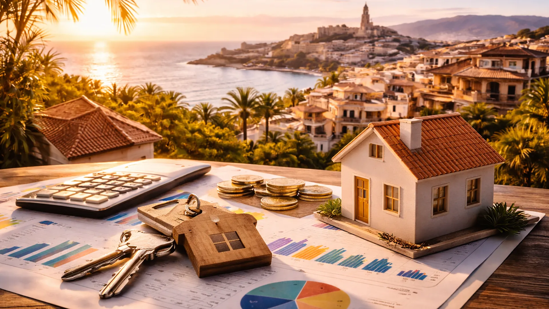 Klucze i model domu na stole z dokumentami finansowymi, w tle panorama nadmorskiego miasta w Hiszpanii o zachodzie słońca