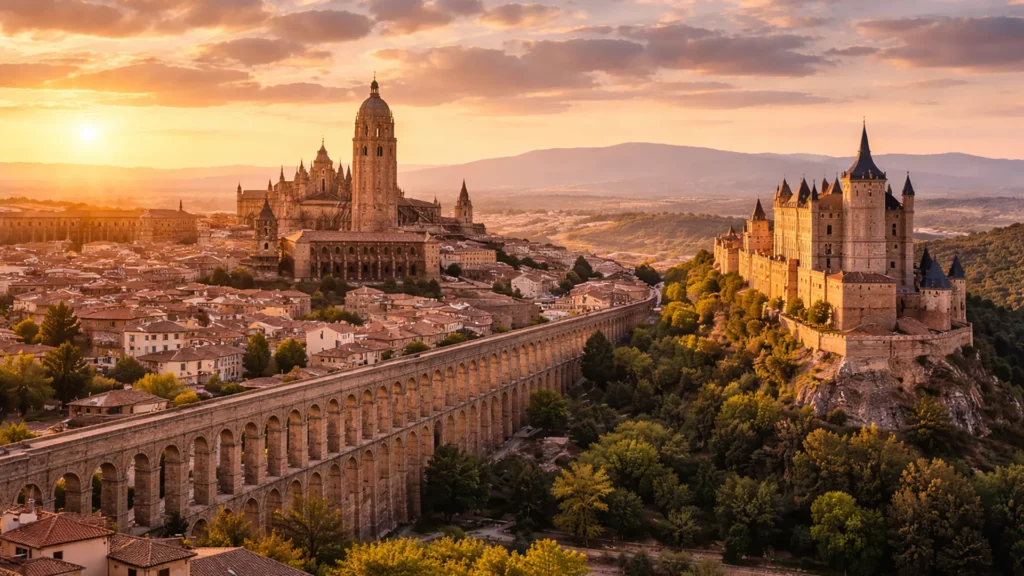 Panorama Segowii o zachodzie słońca z akweduktem rzymskim, Alkazarem i katedrą w tle, widok z lotu ptaka.