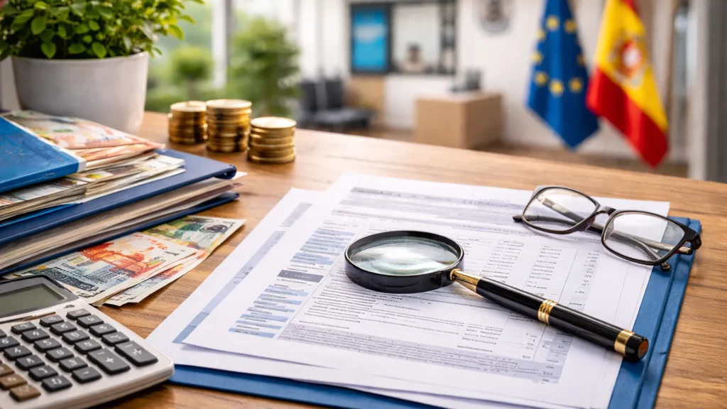 Dokumenty podatkowe, kalkulator i euro na biurku w hiszpańskim urzędzie – system podatkowy w Hiszpanii