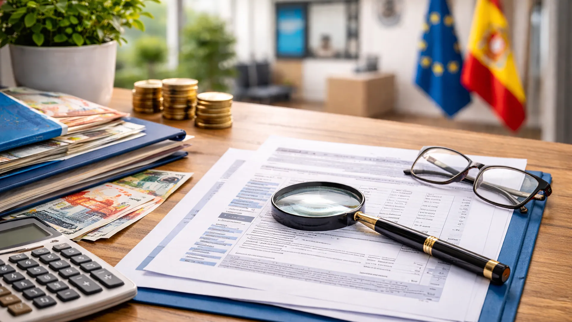 Dokumenty podatkowe, kalkulator i euro na biurku w hiszpańskim urzędzie – system podatkowy w Hiszpanii