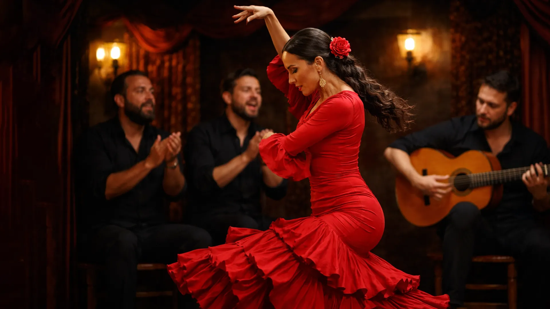 Tancerka flamenco w tradycyjnej czerwonej sukni podczas występu w Andaluzji