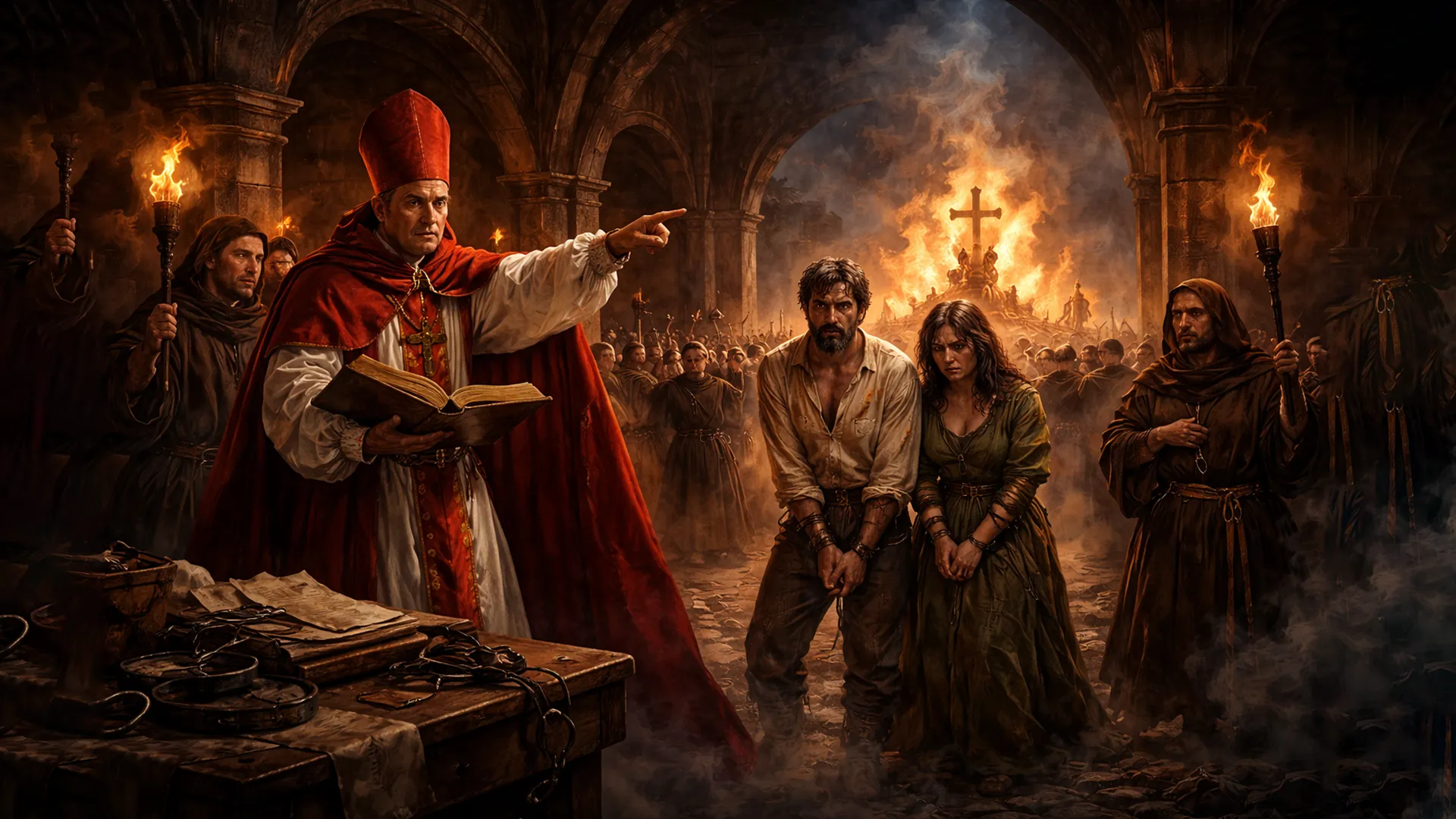 Scena przedstawiająca trybunał inkwizycji hiszpańskiej i publiczne auto-da-fé w XV wieku