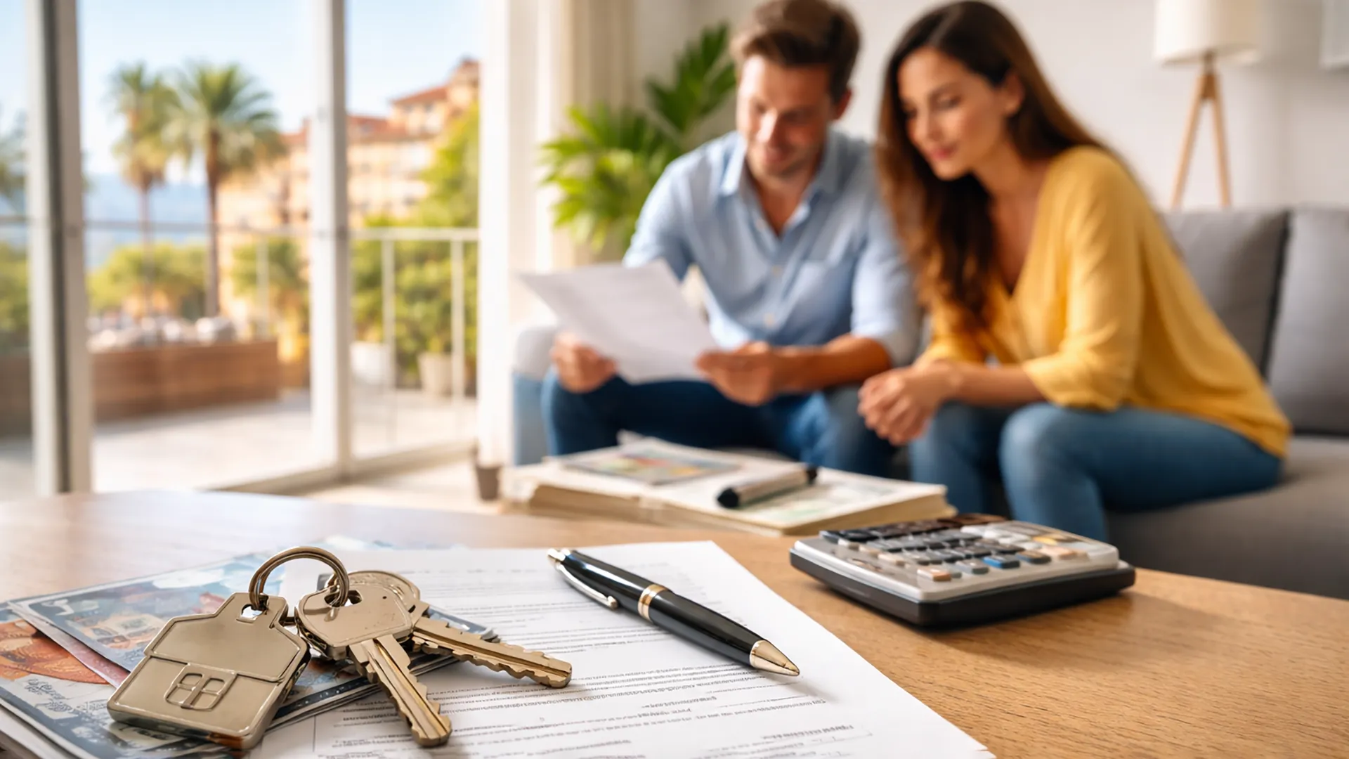 Podpisywanie umowy najmu w Hiszpanii – klucze, dokumenty i para analizująca warunki wynajmu mieszkania
