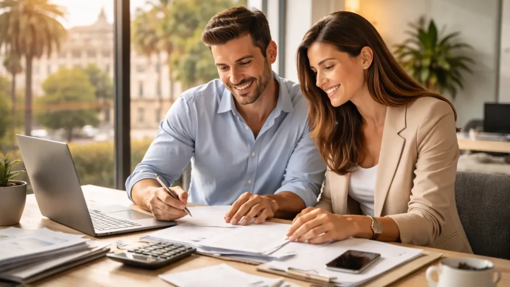 Przedsiębiorcy analizujący dokumenty i podpisujący umowę w nowoczesnym biurze w Hiszpanii – zakładanie firmy 2026