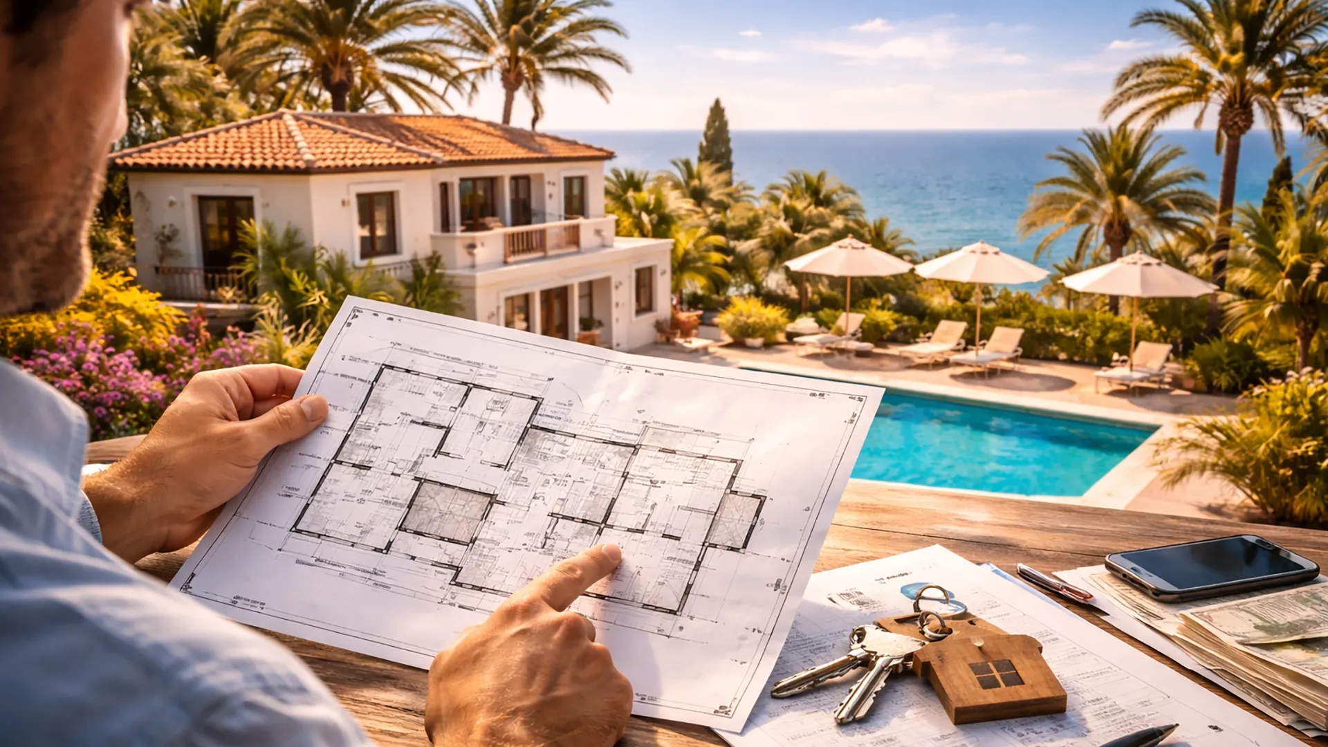 Osoba analizująca plan domu przy stole z dokumentami i kluczami, w tle willa z basenem nad morzem w Hiszpanii