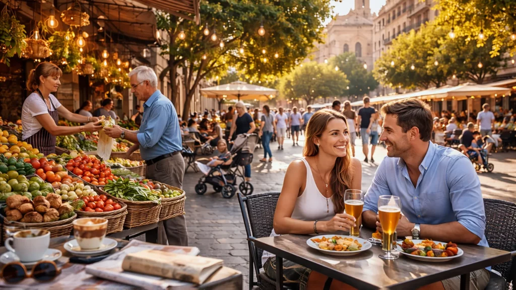Codzienne życie w Hiszpanii – mieszkańcy w kawiarni na tle miejskiego placu o zachodzie słońca