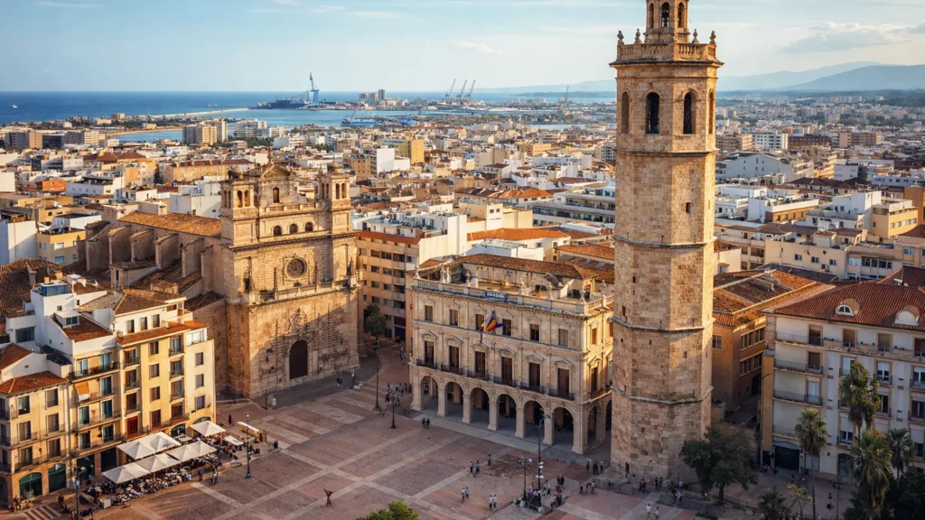 Panorama Castellón de la Plana o zachodzie słońca – Plaza Mayor, El Fadrí i historyczne centrum miasta