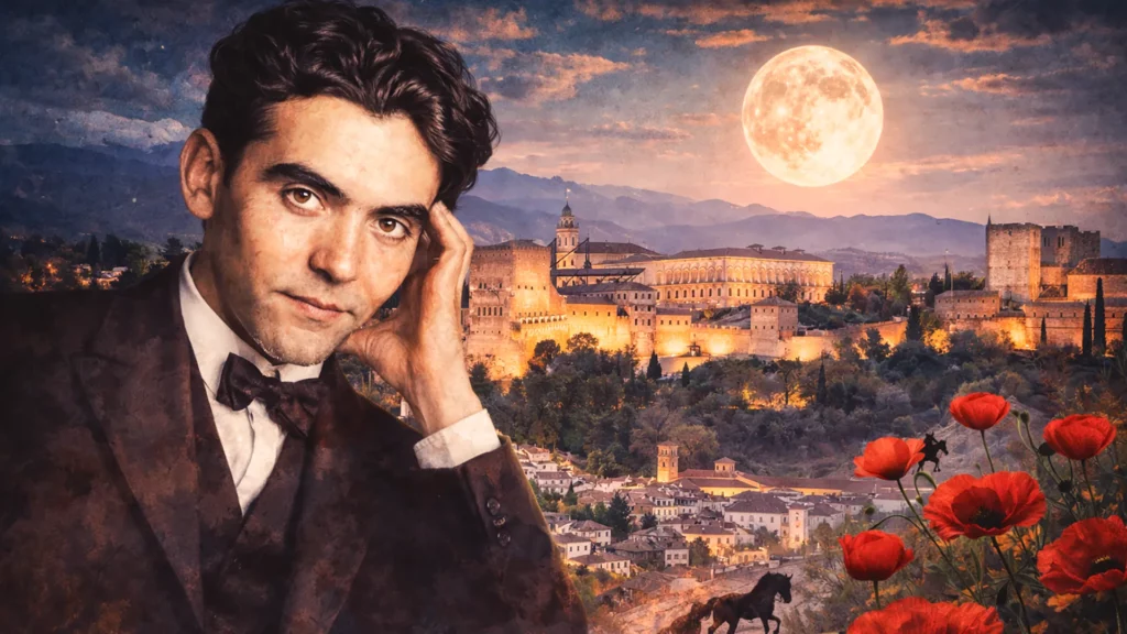Portret Federico Garcíi Lorki z panoramą Granady i Alhambry w tle oraz motywami księżyca i czerwonych maków
