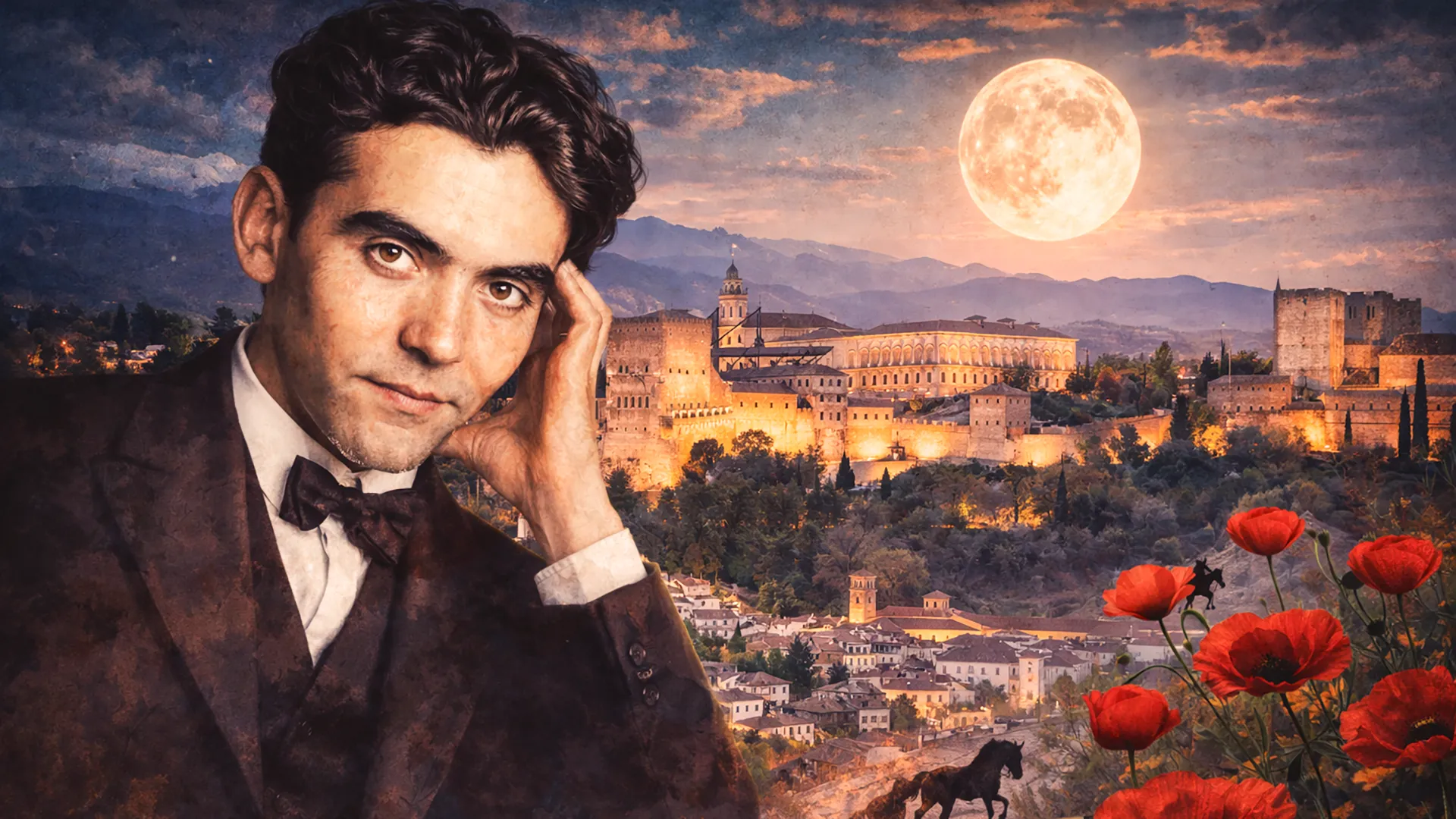 Portret Federico Garcíi Lorki z panoramą Granady i Alhambry w tle oraz motywami księżyca i czerwonych maków