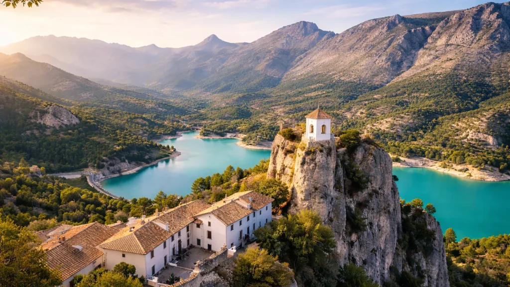 Guadalest w Hiszpanii – panoramiczny widok zamku San José i turkusowego jeziora Embalse de Guadalest