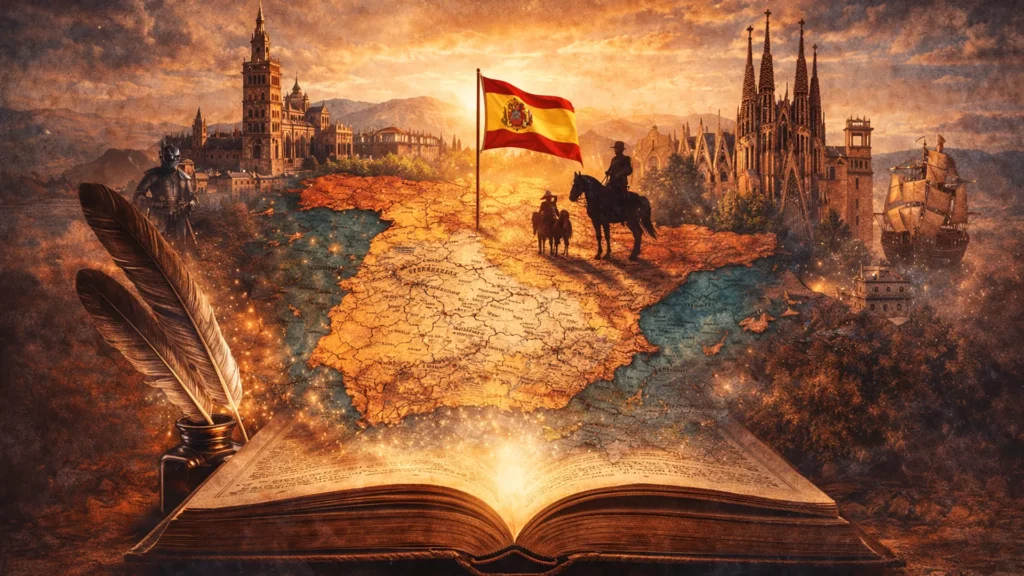 Historia literatury hiszpańskiej od średniowiecza do XXI wieku – symboliczna ilustracja z księgą i mapą Hiszpanii