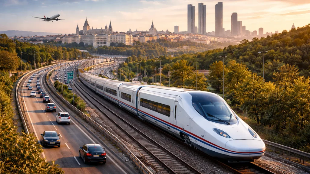 Pociąg AVE dużych prędkości w Hiszpanii na tle Madrytu – szybka kolej łącząca regiony kraju