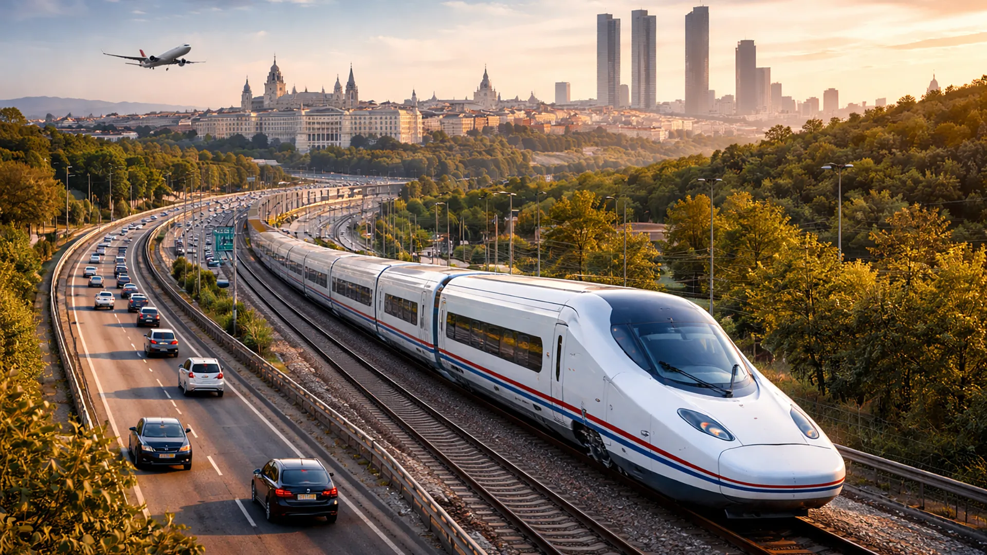 Pociąg AVE dużych prędkości w Hiszpanii na tle Madrytu – szybka kolej łącząca regiony kraju