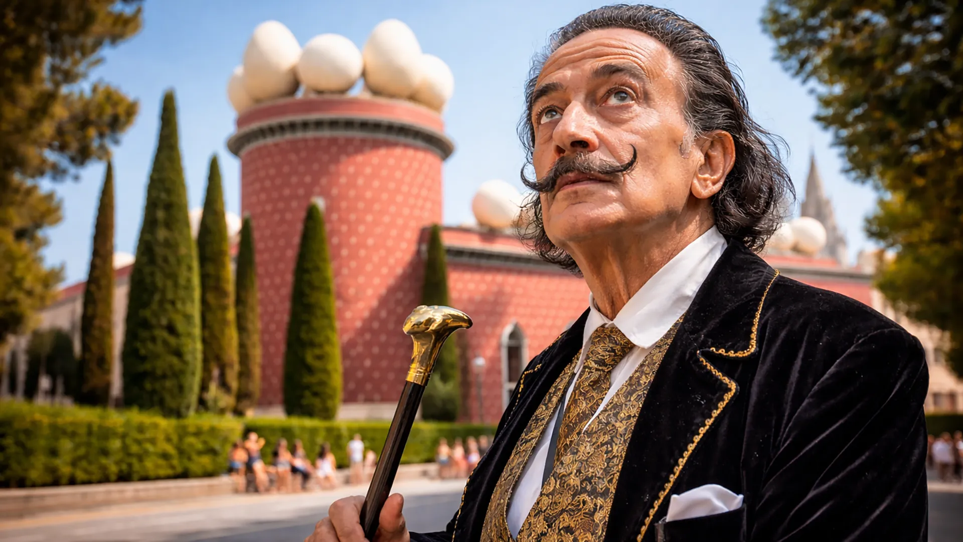 Salvador Dalí przed Teatrem-Muzeum Dalí w Figueres – portret surrealisty w Katalonii