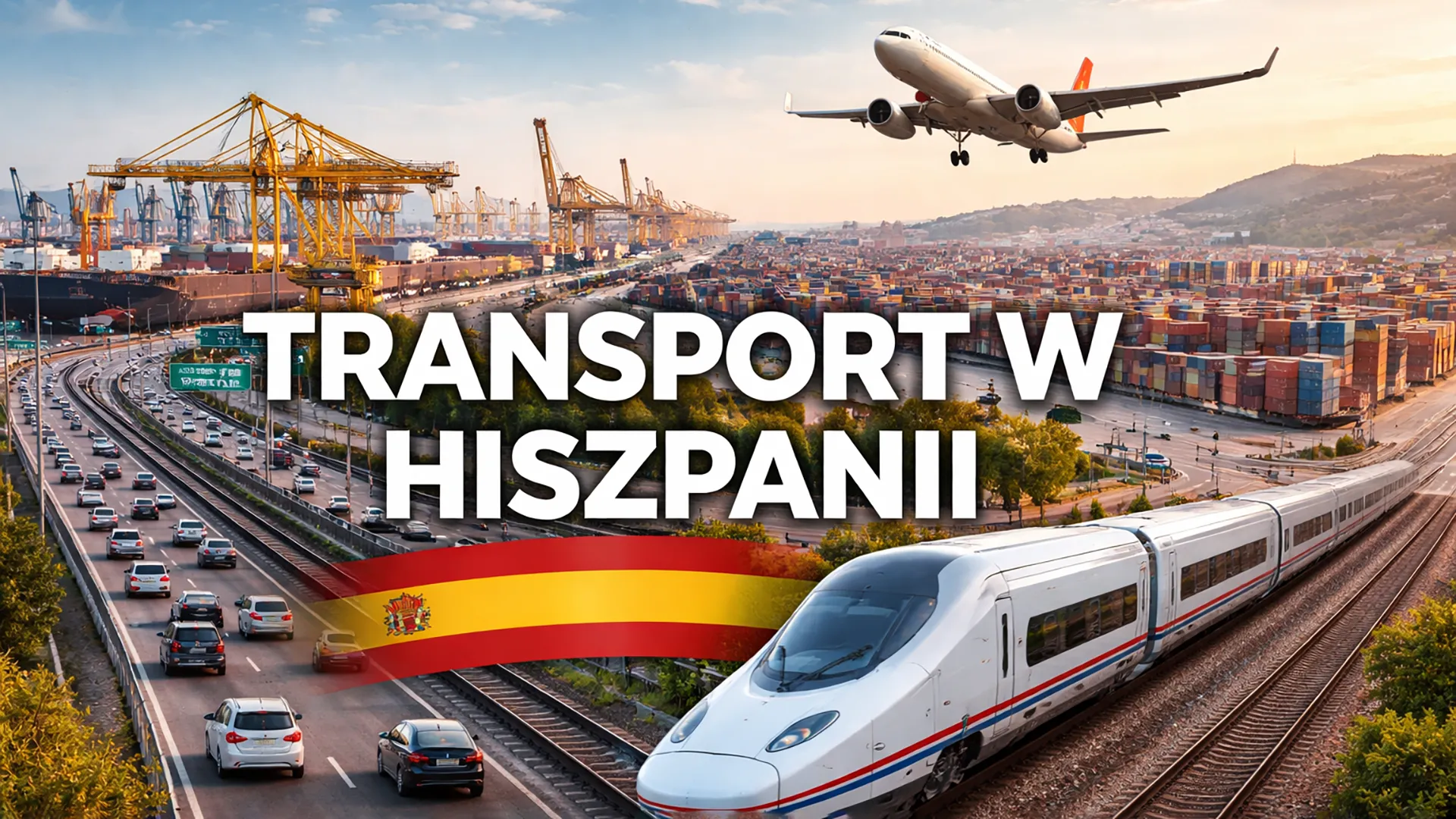 Nowoczesny transport w Hiszpanii – pociąg AVE, autostrada, port kontenerowy i samolot pasażerski