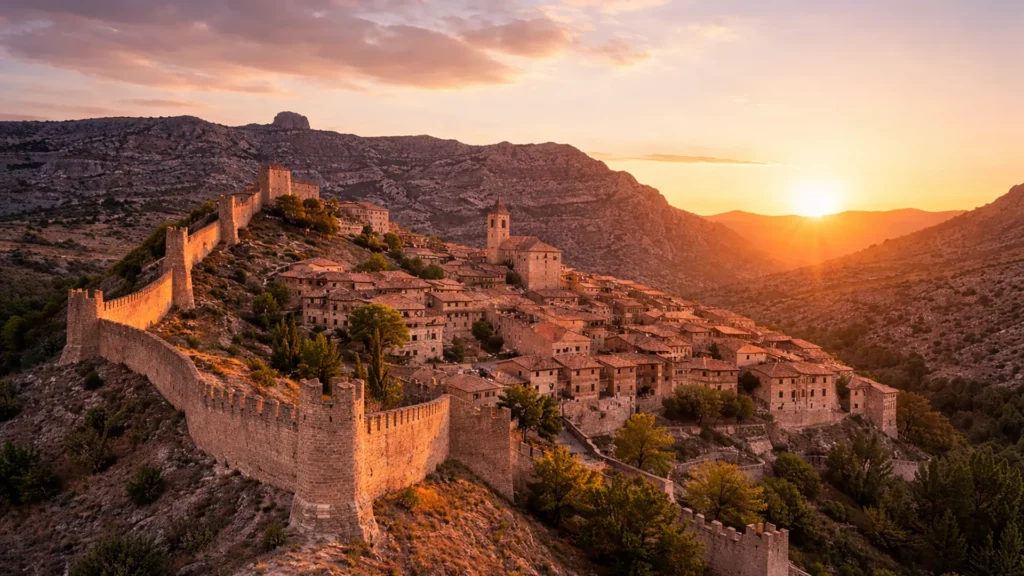 Albarracín w Aragonii – panorama średniowiecznych murów obronnych o zachodzie słońca