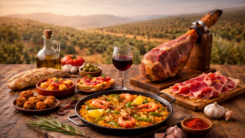 Tradycyjna kuchnia hiszpańska – paella, jamón ibérico, tapas i oliwa z oliwek w śródziemnomorskim krajobrazie