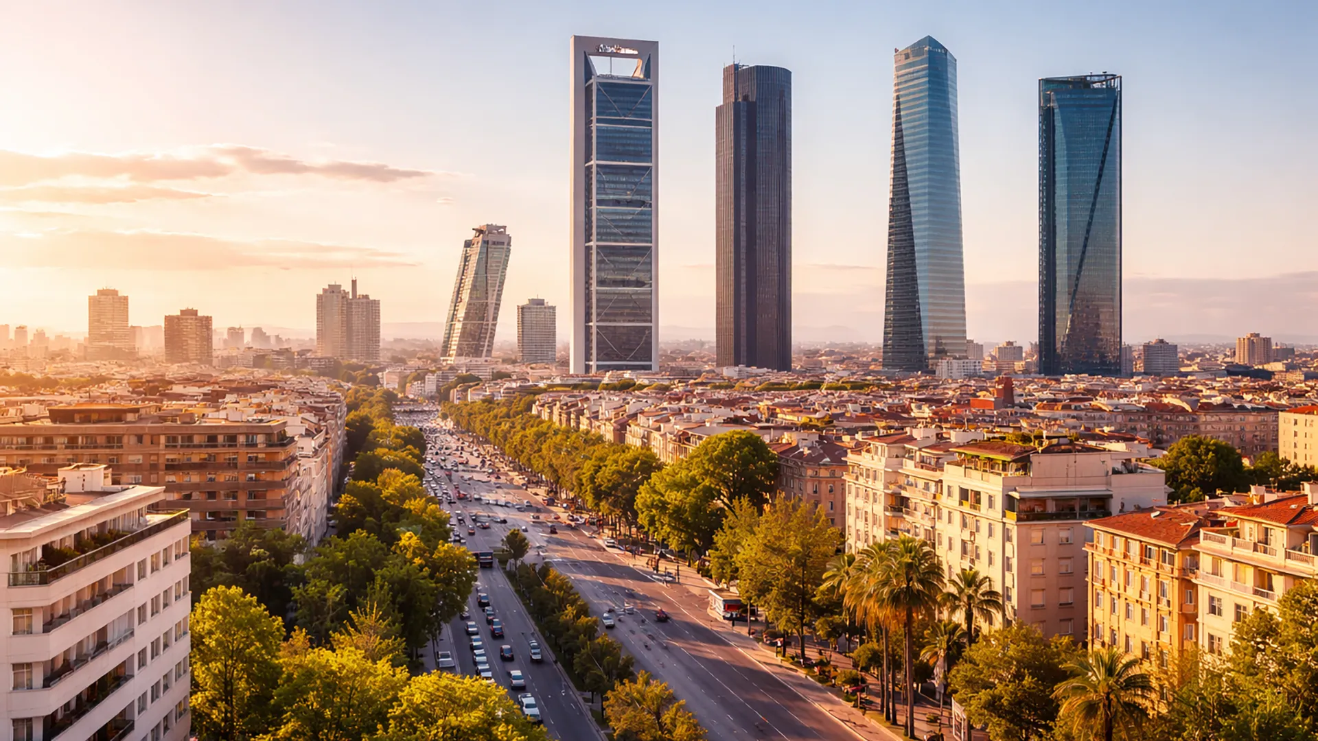 Cuatro Torres Business Area w Madrycie o zachodzie słońca – nowoczesne centrum biznesowe Hiszpanii