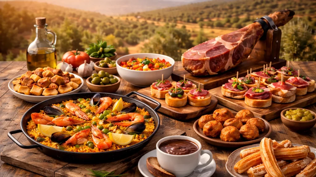 Najpopularniejsze potrawy Hiszpanii – paella, jamón ibérico, pintxos, croquetas i churros na tradycyjnym stole