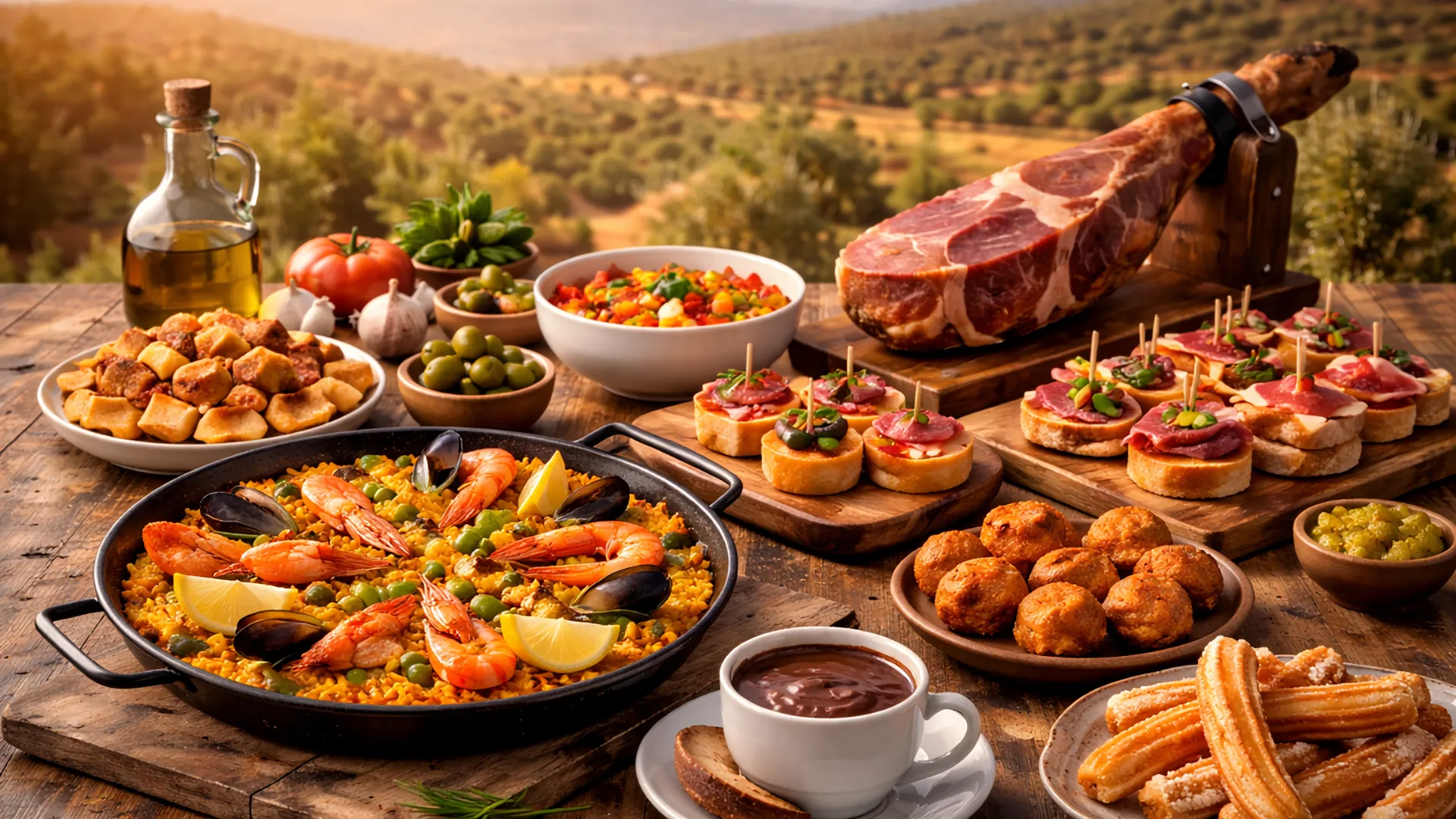 Najpopularniejsze potrawy Hiszpanii – paella, jamón ibérico, pintxos, croquetas i churros na tradycyjnym stole