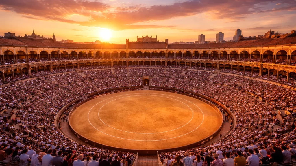 Plaza de Toros de Las Ventas w Madrycie o zachodzie słońca – panorama historycznej areny corridy