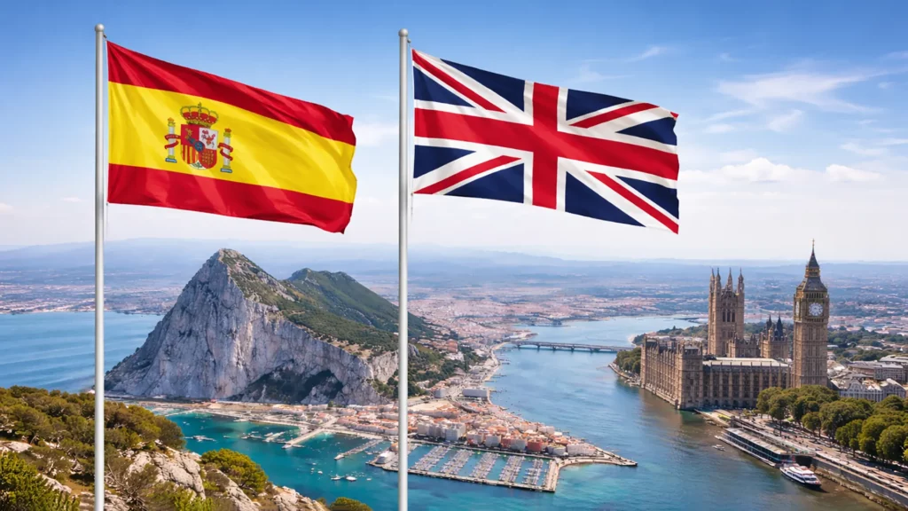 Flagi Hiszpanii i Wielkiej Brytanii na tle Skały Gibraltarskiej i panoramy Londynu – symbol relacji politycznych po Brexicie