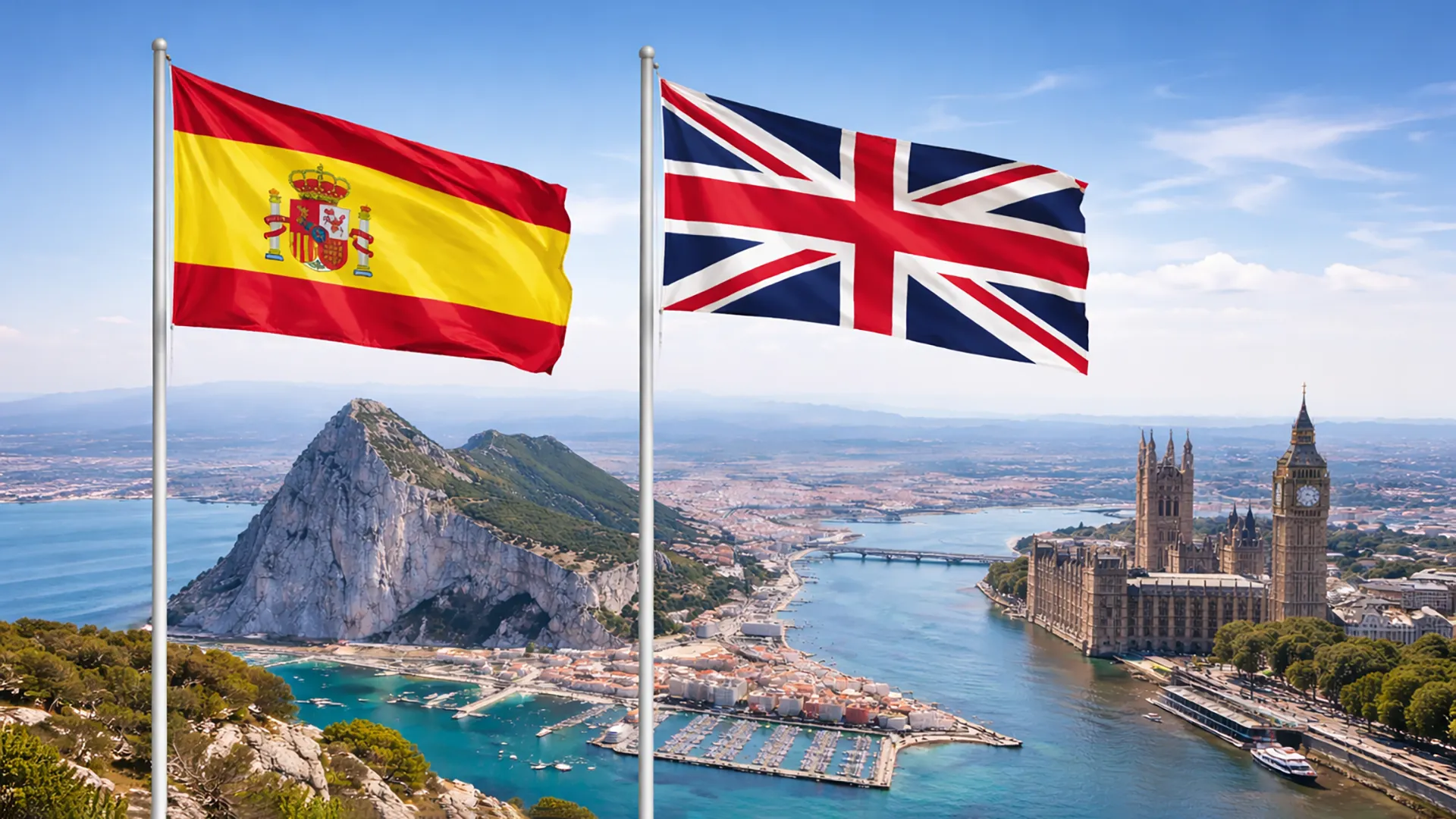 Flagi Hiszpanii i Wielkiej Brytanii na tle Skały Gibraltarskiej i panoramy Londynu – symbol relacji politycznych po Brexicie