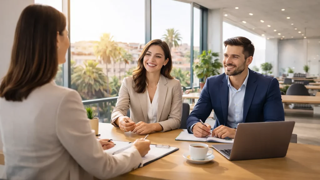 Rozmowa kwalifikacyjna w nowoczesnym biurze w Hiszpanii – kandydatka i rekruterzy podczas spotkania